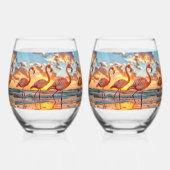 Roze flamingo's Zonsondergang Oceaan Tropische Luc Wijnglas Zonder Voet (Voorkant)