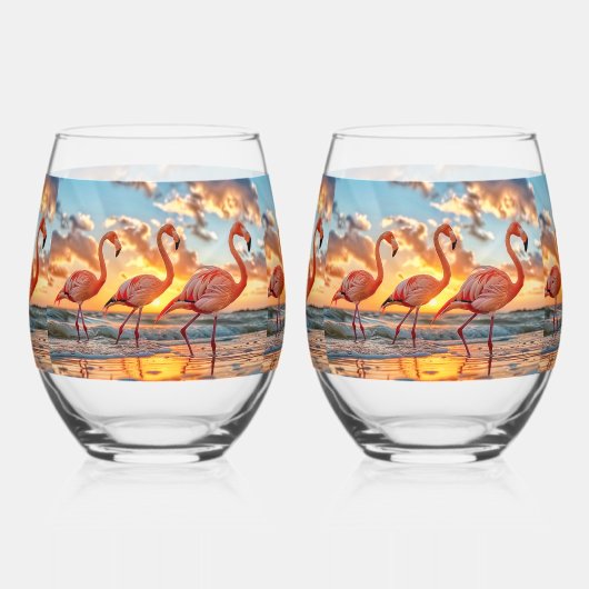 Roze flamingo's Zonsondergang Oceaan Tropische Luc Wijnglas Zonder Voet (Voorkant)
