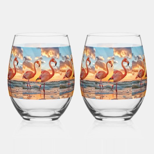 Roze flamingo's Zonsondergang Oceaan Tropische Luc Wijnglas Zonder Voet (Links)