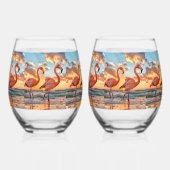 Roze flamingo's Zonsondergang Oceaan Tropische Luc Wijnglas Zonder Voet (Rechts)