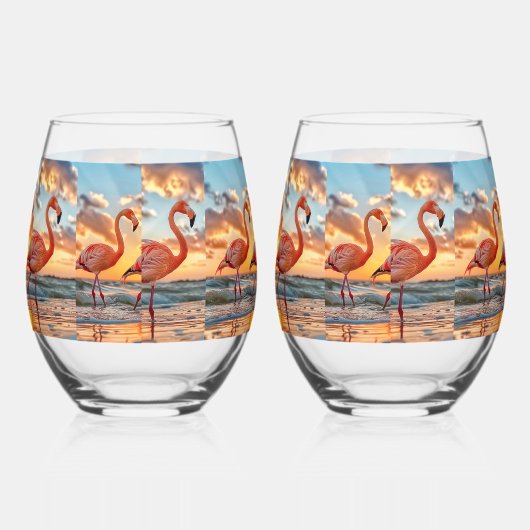 Roze flamingo's Zonsondergang Oceaan Tropische Luc Wijnglas Zonder Voet (Rechts)