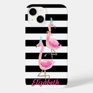 Roze Flamingo's, Zwart,Wit Strepen Case-Mate iPhone 14 Hoesje