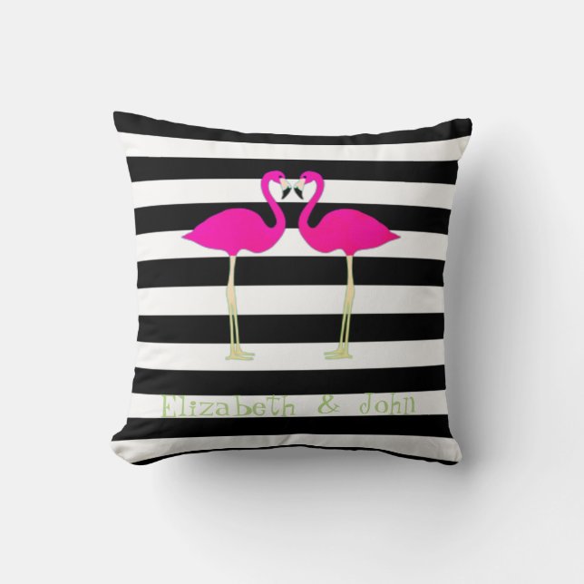 Roze Flamingo's, Zwart, Witte Strepen Persoonlijk Kussen (Voorkant)