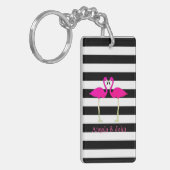Roze Flamingo's, Zwart, Witte Strepen Persoonlijk Sleutelhanger (Voorkant Links)