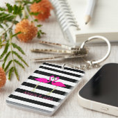 Roze Flamingo's, Zwart, Witte Strepen Persoonlijk Sleutelhanger (Voorkant Rechts)