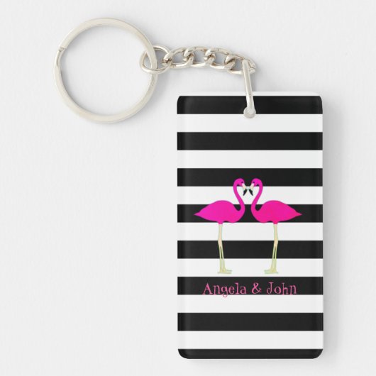 Roze Flamingo's, Zwart, Witte Strepen Persoonlijk Sleutelhanger (Voorkant)