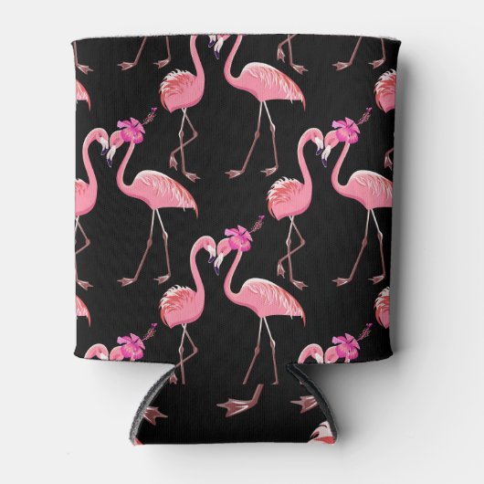 Roze Flamingo's: zwarte achtergrond  Blikjeskoeler (Voorkant)