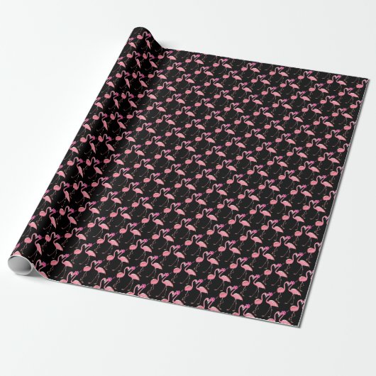 Roze Flamingo's: zwarte achtergrond Cadeaupapier (Uitgerold)