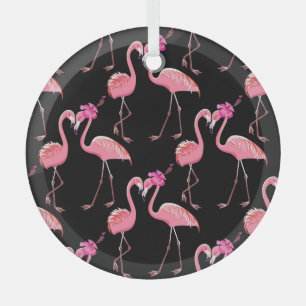 Roze Flamingo's: zwarte achtergrond  Glas Ornament