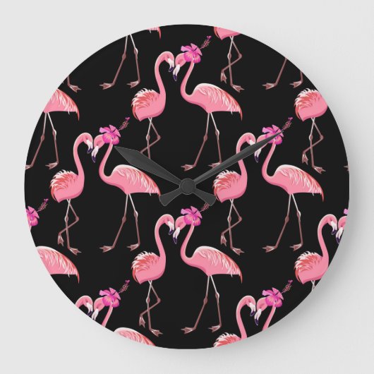 Roze Flamingo's: zwarte achtergrond  Grote Klok (Voorkant)