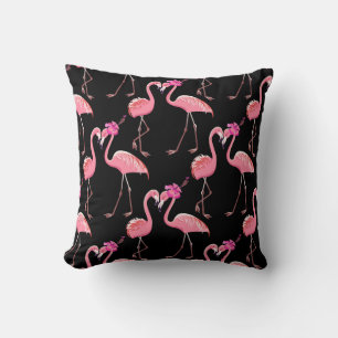 Roze Flamingo's: zwarte achtergrond Kussen