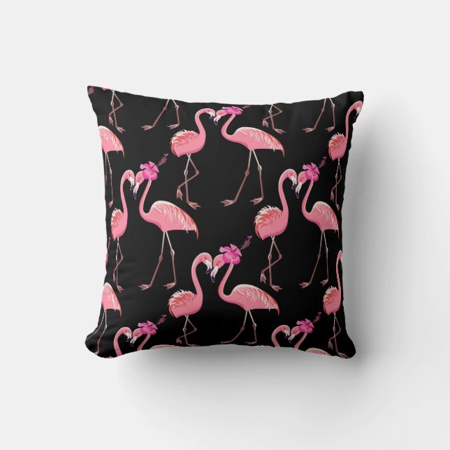 Roze Flamingo's: zwarte achtergrond  Kussen (Voorkant)