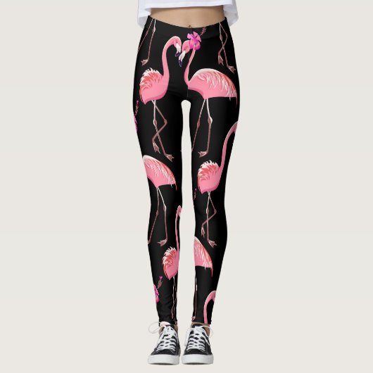 Roze Flamingo's: zwarte achtergrond  Leggings (Voorkant)