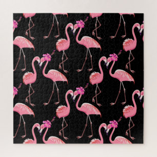 Roze Flamingo's: zwarte achtergrond  Legpuzzel