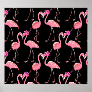 Roze Flamingo's: zwarte achtergrond  Poster