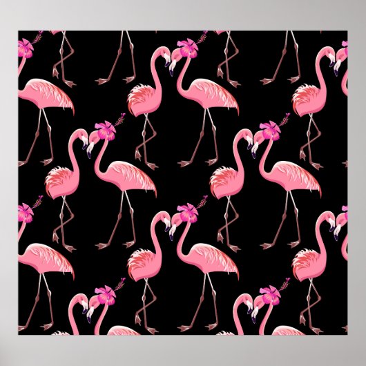 Roze Flamingo's: zwarte achtergrond  Poster (Voorkant)