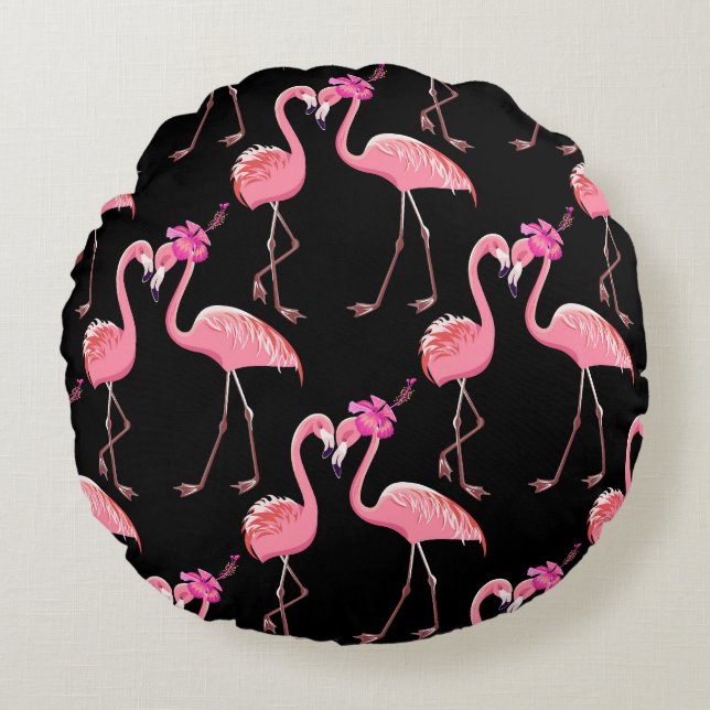 Roze Flamingo's: zwarte achtergrond  Rond Kussen (Voorkant)