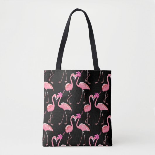 Roze Flamingo's: zwarte achtergrond Tote Bag (Voorkant)