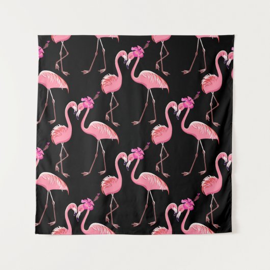 Roze Flamingo's: zwarte achtergrond Wandkleed (Voorkant)