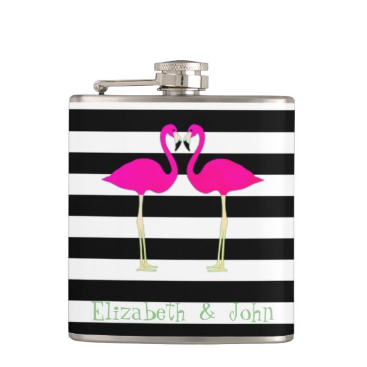Roze Flamingo's, Zwarte Witte Strepen,Persoonlijk Heupfles (Voorkant)