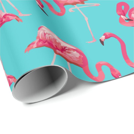 Roze flamingvogels op de achtergrond van turkooize cadeaupapier (Rol Hoek)