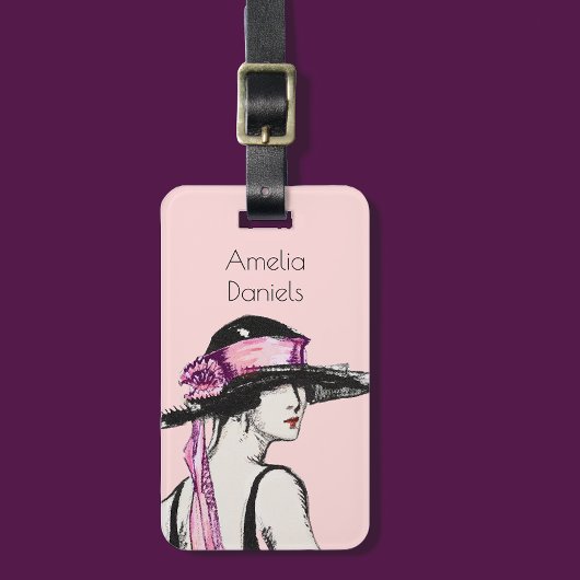 Roze Flapper Meisje Gepersonaliseerd Bagagelabel