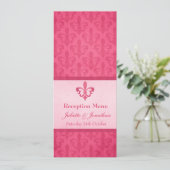 Roze Fleur De Lis bruiloftsreceptie dinermenu Kaart (Staand voorkant)