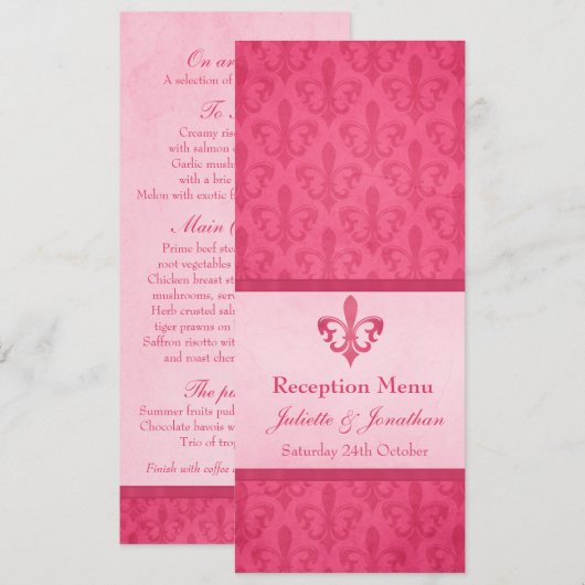 Roze Fleur De Lis bruiloftsreceptie dinermenu Kaart (Voorkant / Achterkant)