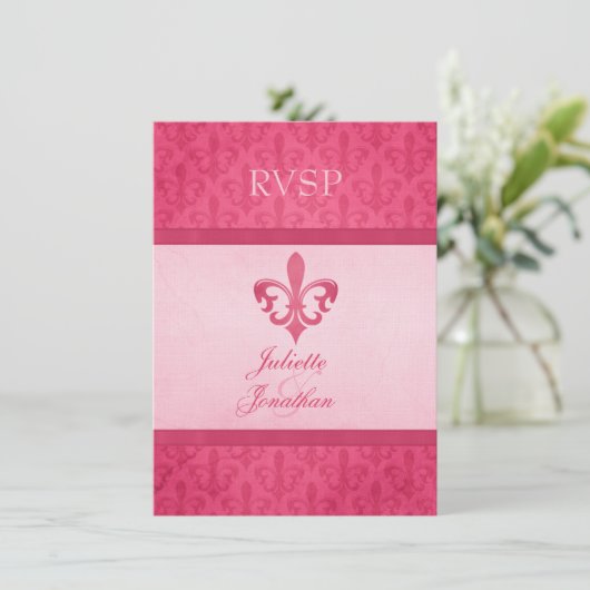 Roze Fleur De Lis formele trouw-RSVP Kaart (Staand voorkant)