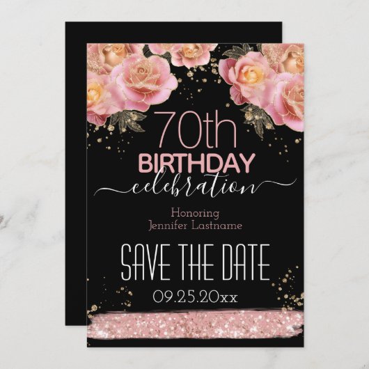 Roze flora 70e verjaardag sparen de Datum Kaart (Voorkant / Achterkant)