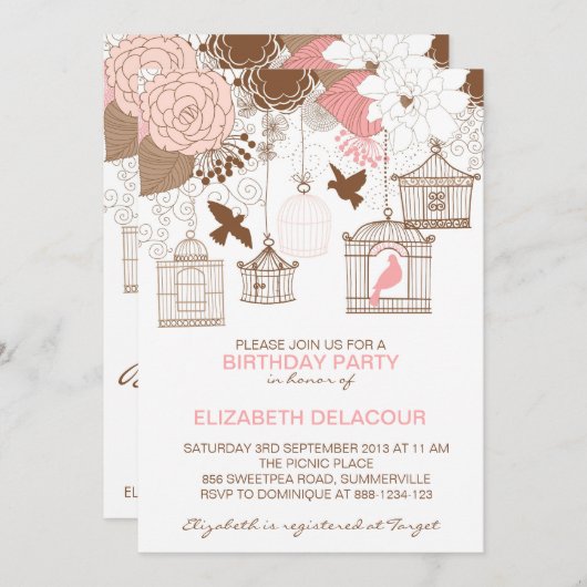  roze flora Birdcages Birthday Uitnodiging (Voorkant / Achterkant)