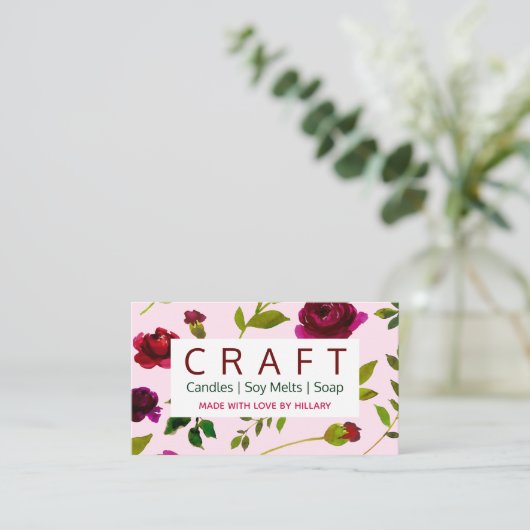 Roze flora - doe-het-zelfkaars visitekaartje (Staand voorkant)