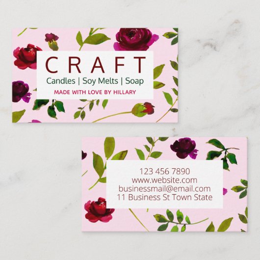 Roze flora - doe-het-zelfkaars visitekaartje (Voorkant / Achterkant)