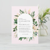 Roze flora en groene botanische bruiloft kaart (Staand voorkant)