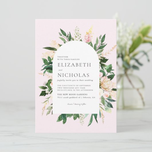 Roze flora en groene botanische bruiloft kaart (Staand voorkant)