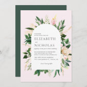 Roze flora en groene botanische bruiloft kaart (Voorkant / Achterkant)