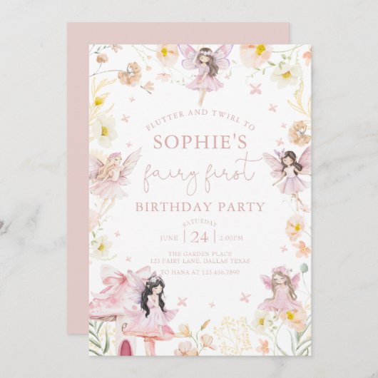 Roze Flora Fairy Eerste Verjaardag Uitnodiging (Voorkant / Achterkant)
