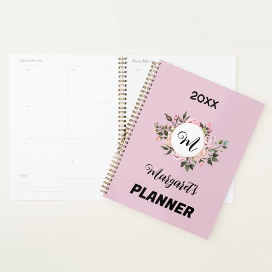 roze floraal met monogram en tekst planner (Display)
