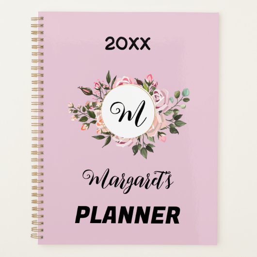 roze floraal met monogram en tekst planner (Voorkant)