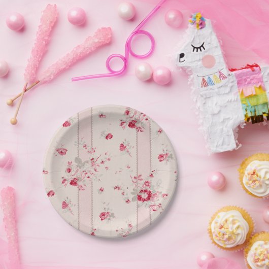  roze floraal papieren bordje (Feest)