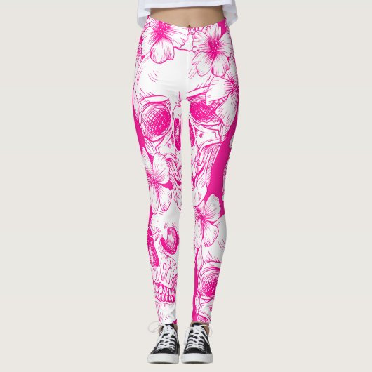 roze floraal Skulls Leggings (Voorkant)