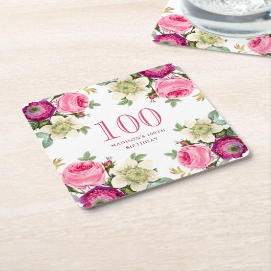 Roze Floral 100e verjaardag Kartonnen Onderzetters (Schuin)