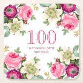 Roze Floral 100e verjaardag Kartonnen Onderzetters (Voorkant)