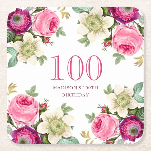 Roze Floral 100e verjaardag Kartonnen Onderzetters (Voorkant)