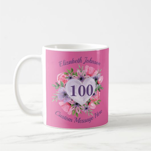 Roze Floral 100e verjaardag Mok voor vrouwen (Links)