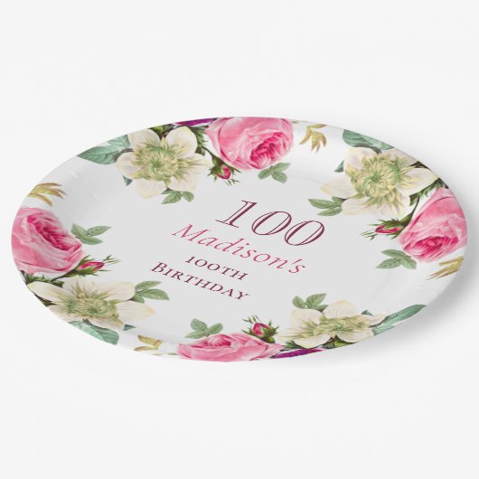 Roze Floral 100e verjaardag Papieren Bordje (Gekanteld)