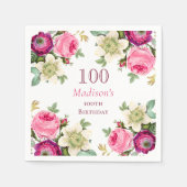 Roze Floral 100e verjaardag Servet (Voorkant)
