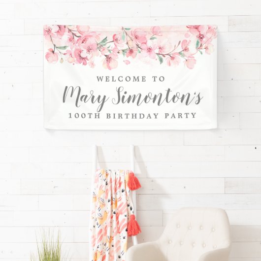 Roze Floral 100e verjaardag Spandoek (Insitu)