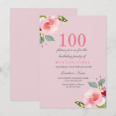  roze Floral 100e verjaardag uitnodiging (Voorkant / Achterkant)
