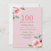  roze Floral 100e verjaardag uitnodiging (Voorkant)